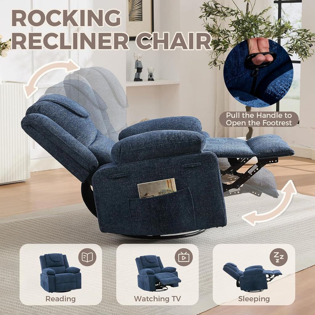 Rocking Nursery Glider Recliner Chair,360° Swivel Rock Recliner Chairs Single Sofa with Vibration Massage and Heating for Living Room/Bedroom,Blue