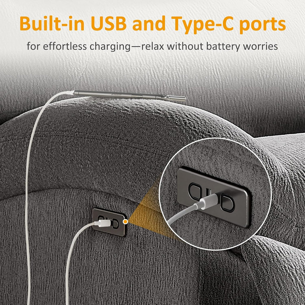 VANOMi Power Recliner Chair with USB & Type-C Charging, 270° Swivel Glider Rocker, Electric Nursery Recliner for Living Room, Bedroom, Office, Dark Gray