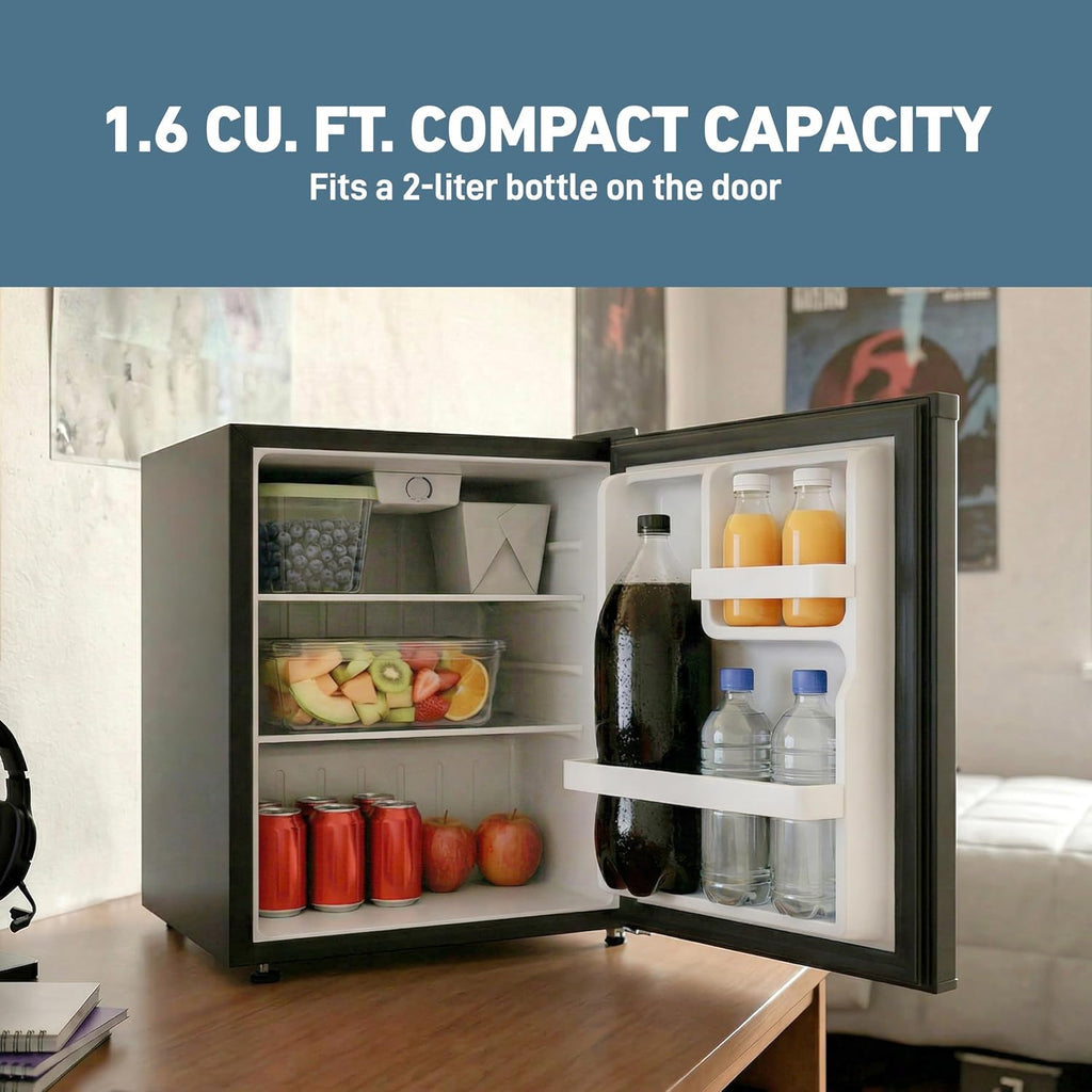 West Bend Mini Fridge Compact Refrigerator for Home Office or Dorm, Auto Defrost with Reversible Door, Energy Star Rated, 1.6-Cu.Ft., Black