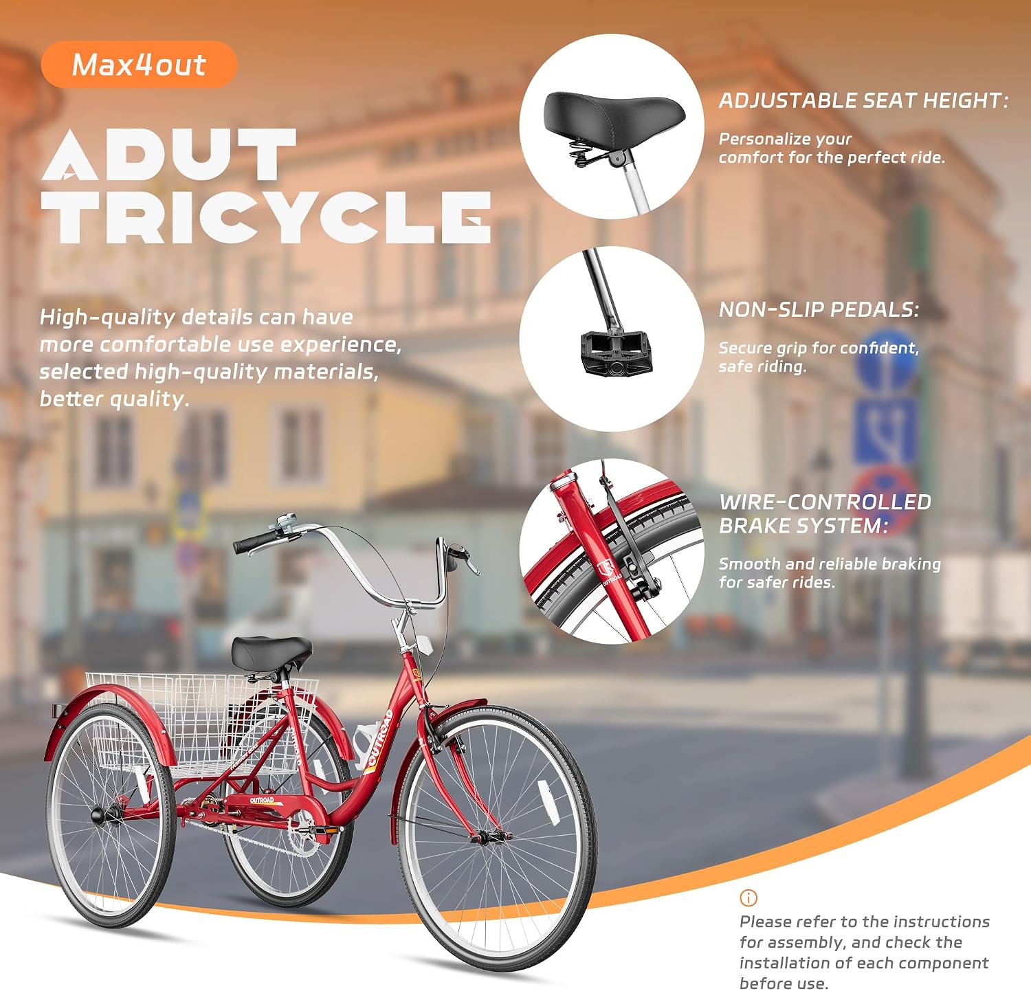 Max4out Adult Tricycle with Large Basket 24/26 Inch, Stable 3 Wheel Cruise Bicycle for Shopping, Beach and City Trike Perfect for Men, Women, Seniors（Blue/Purple/Red）