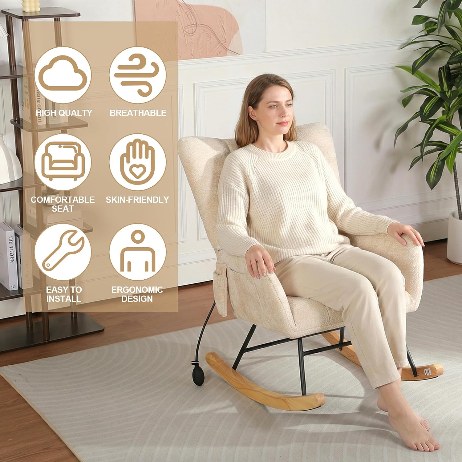 Rocking Chair Nursery with Airbag, Nursery Rocking Reading Chair Indoor, Cozy Upholstered Glider Rocker Chairs for Living Room Bedroom Offices, Sillas Mecedoras(Chenille, Beige)