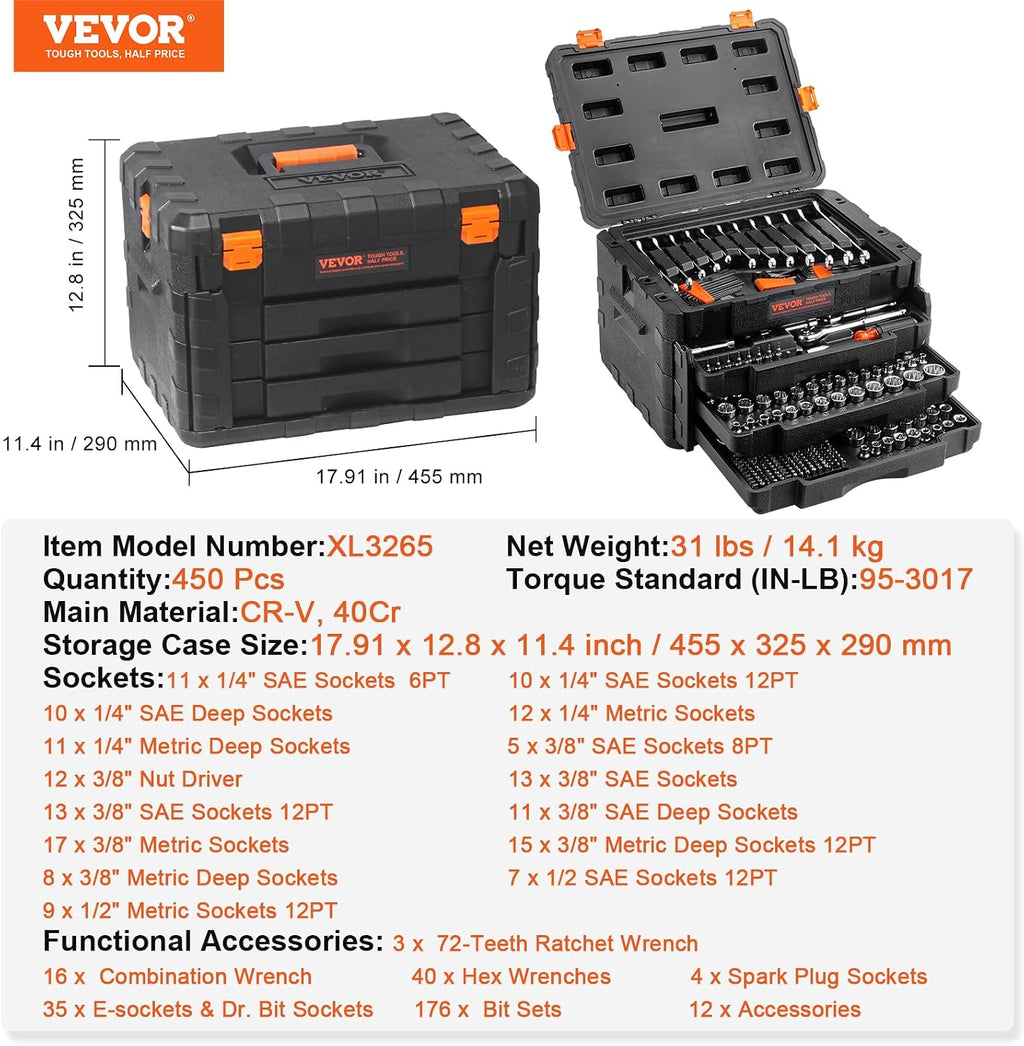 VEVOR Mechanics Tool Set and Socket Set, 1/4' 3/8' 1/2' Drive Deep and Standard Sockets, 450 Pcs SAE and Metric Mechanic Tool Kit with Bits, Combination Wrench, Hex Wrenches, Accessories, Storage Case