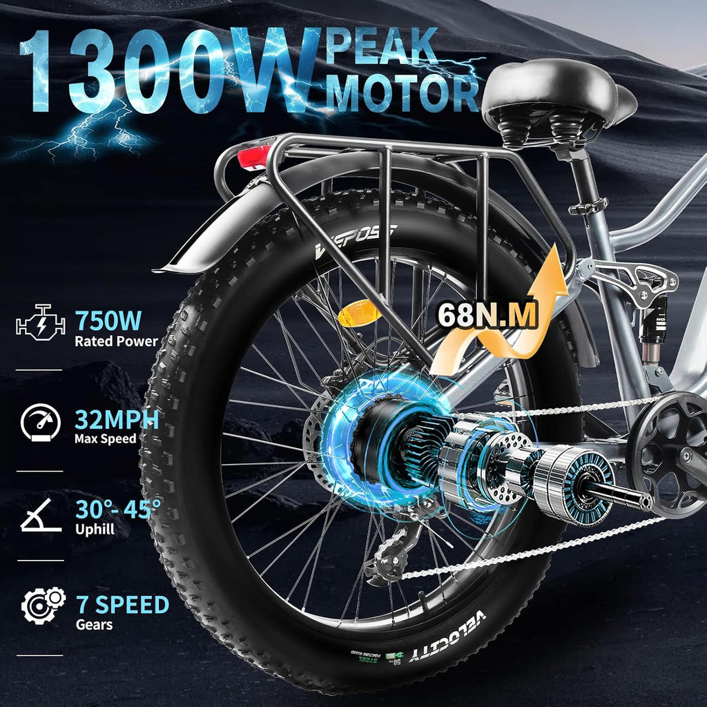 Wildeway 26' Snow Fat Tire Electric Bike for Adults, 1300W Motor 32MPH Ebike with 48V 20Ah Removable Battery, Full Suspension Off-Road Mountain Long Range Electric Bicycle 2 Seat