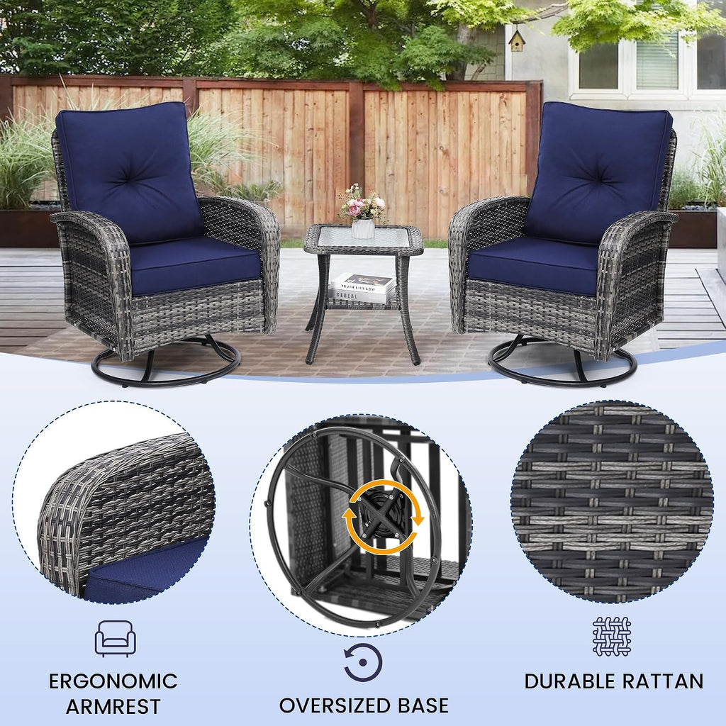 wildformers Luxury Outdoor Swivel Wicker Glider Patio Chairs with Table Set, Overstuffed Washable Cushions, Ideal for Porch, Balcony, Deck, Grey Rattan and Blue Cushion