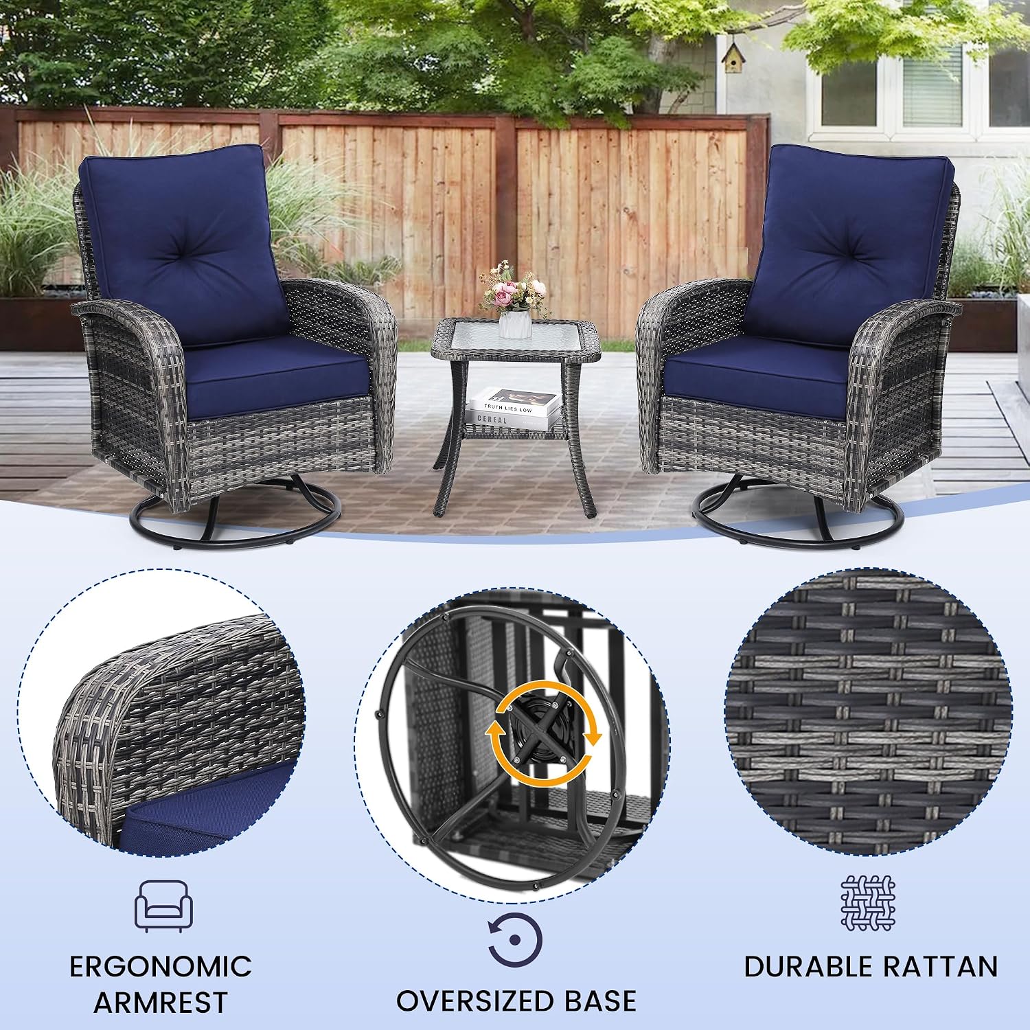 wildformers Luxury Outdoor Swivel Wicker Glider Patio Chairs with Table Set, Overstuffed Washable Cushions, Ideal for Porch, Balcony, Deck, Grey Rattan and Blue Cushion