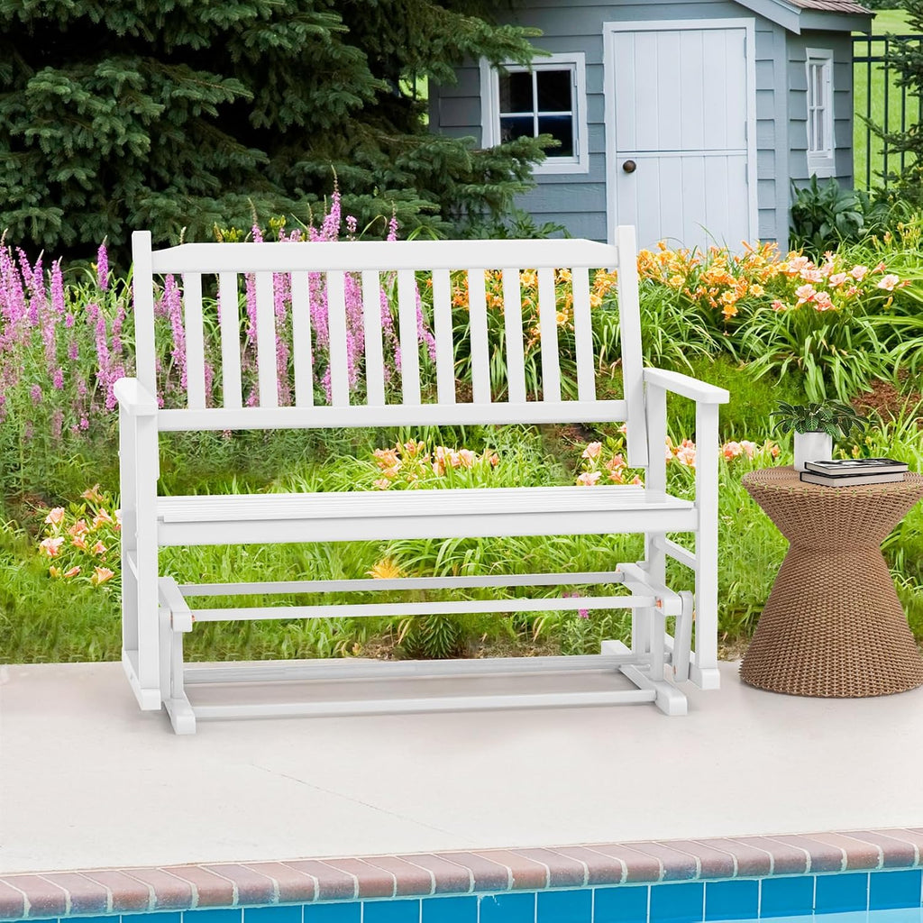 Giantex Outdoor Glider Bench Chair - 2 Person Loveseat, Porch Rocking Glider with Safe & Gentle Gliding, Solid Wood Frame, Slatted Seat, Curved Backrest, 500 Lbs Weight Capacity, Patio Glider (White)