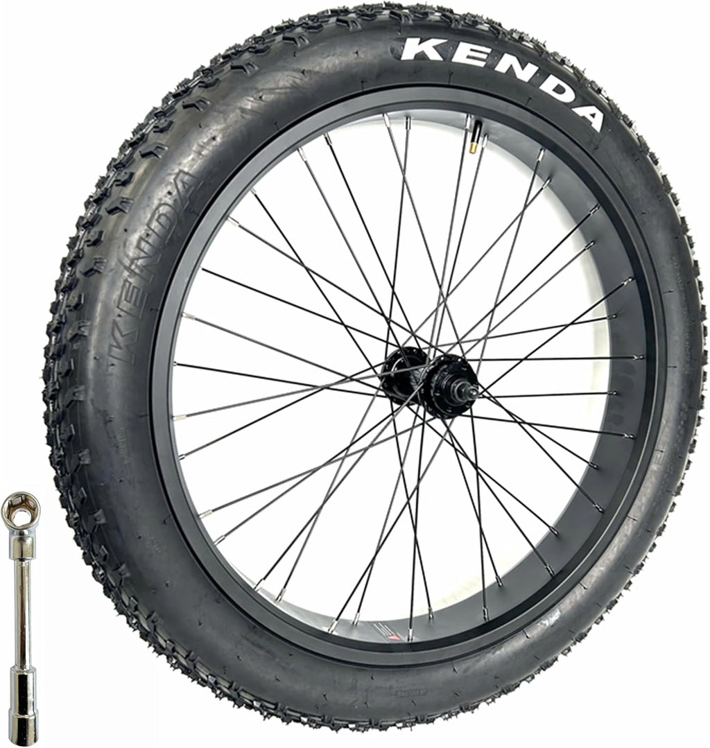 Electric Fat Bike Front Wheel 26''x4.0 with Tire Bearing Hub 12GA Spokes Black Alloy Aluminum Snow Bicycle fatbike Rim Wheel 26 Bolt On