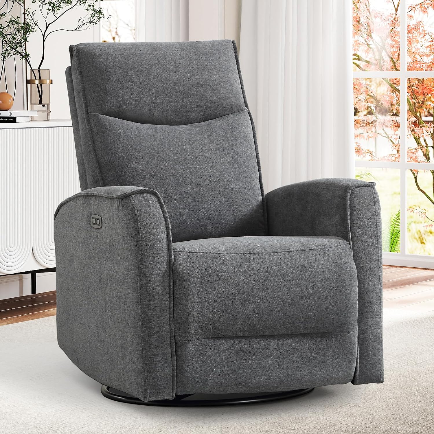 ANJ Power Rocker Recliner Chair with USB Ports, Electric 270° Swivel Glider Recliners, Upholstered Leathaire Rocking Reclining Sofa Nursery Recliner for Living Room, Bedroom (Smoke Gray)