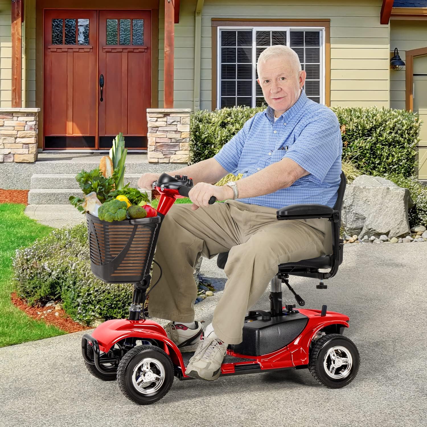 4 Wheel Mobility Scooters for Adults，Collapsible Compact Electric Scooter，Heavy Duty Powered Mobile Wheelchair Device with Lights，Basket and Long-Lasting Battery（Red）