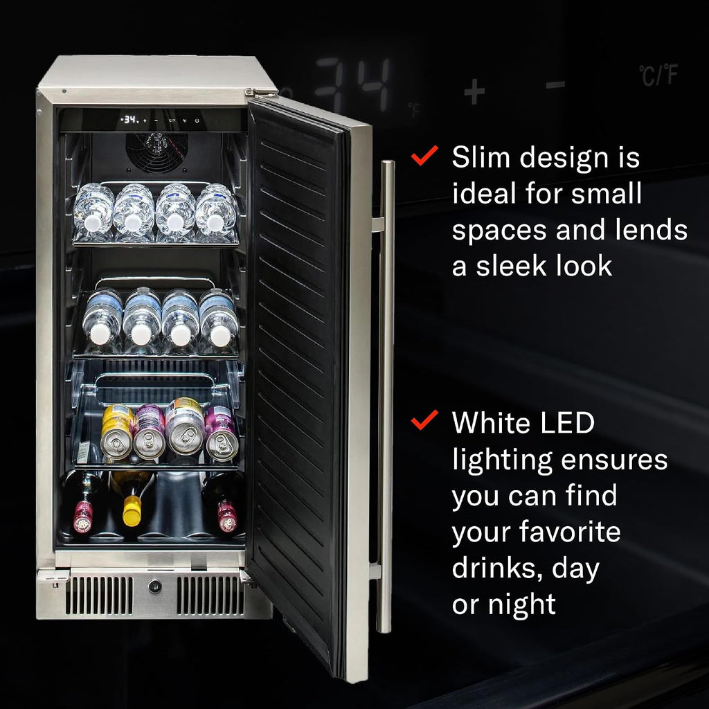 Blaze 15-Inch Outdoor Rated Compact Refrigerator | 3.2 Cu. Ft. Stainless Steel Fridge with Reversible Door & Adjustable Shelves | UL Certified for Outdoor Use | BLZ-SSRF-15
