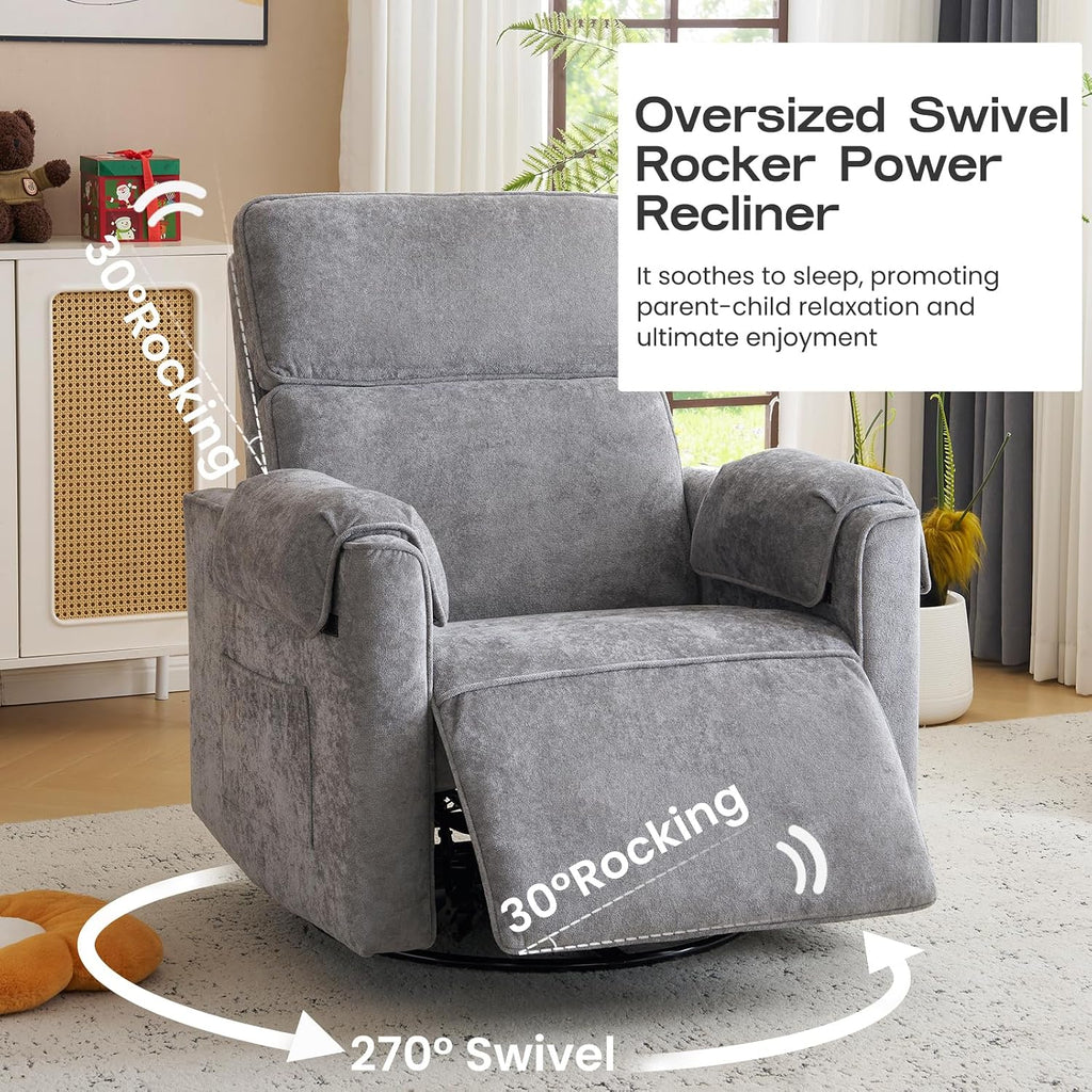 Oversized Power Recliner Chair with Adjustable Headrest, Swivel Rocking Recliner for Adults, 26' Extra Wide Glider Nursery Chair with Overstuffed Armrest for Living Room, USB Ports, Grey