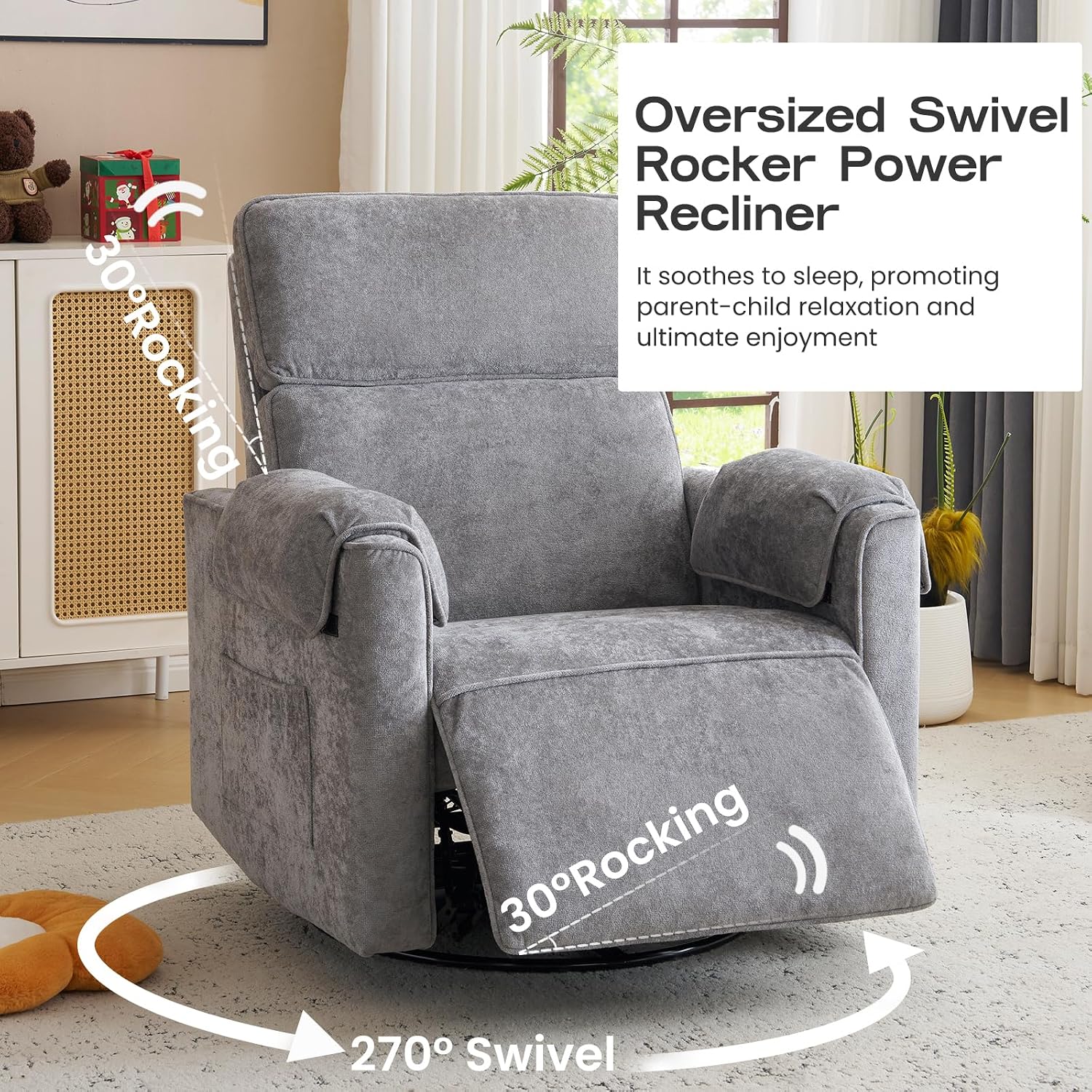 Oversized Power Recliner Chair with Adjustable Headrest, Swivel Rocking Recliner for Adults, 26' Extra Wide Glider Nursery Chair with Overstuffed Armrest for Living Room, USB Ports, Grey