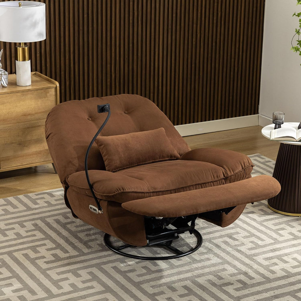 Smart Oversized Electric Recliner Chair, 360° Round Swivel Rocking Glider Rocker for Adults Modern Comfy Ergonomic Chaise Lounge Indoor, Theater Seating Living Room Chairs Reading, Dark Brown Fabric