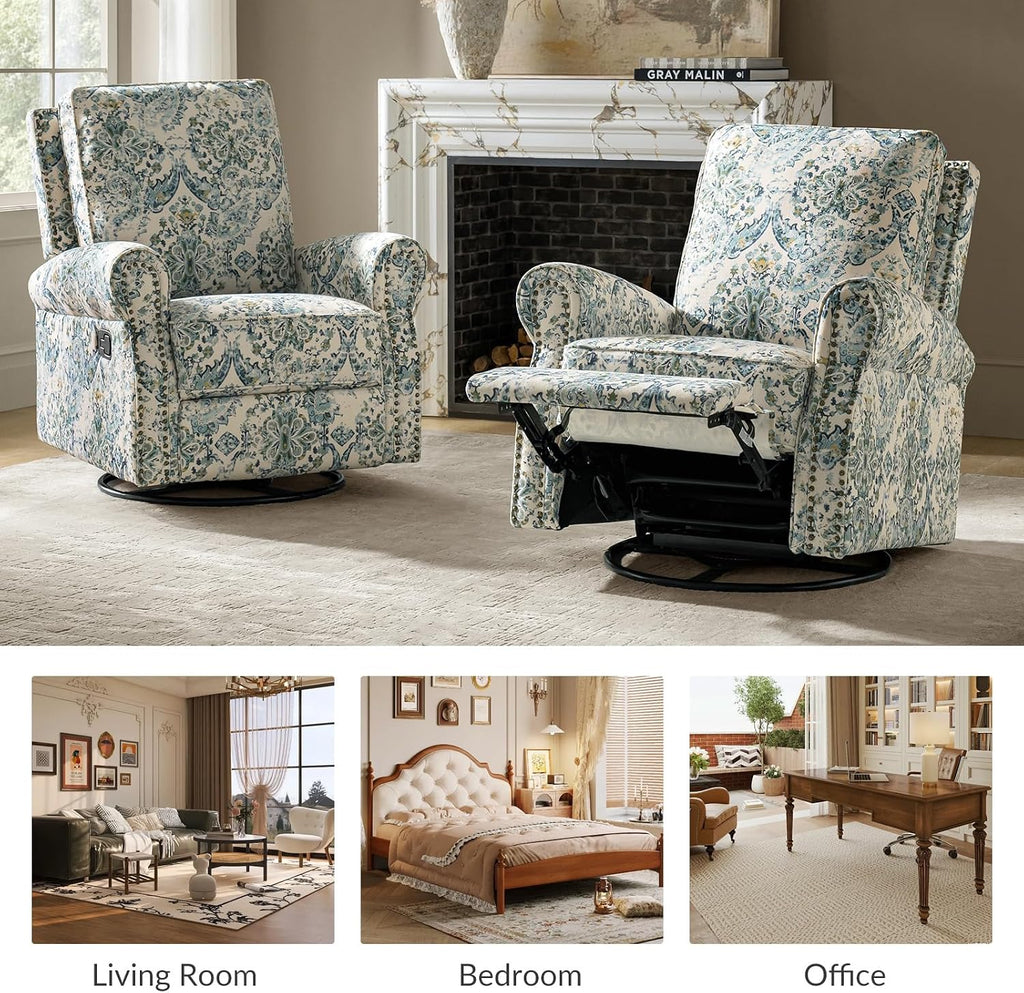 HULALA Home Rocker Recliner Set of 2, Modern Printed Fabric Swivel Glider with Adjustable Backrest & Footrest, Blue