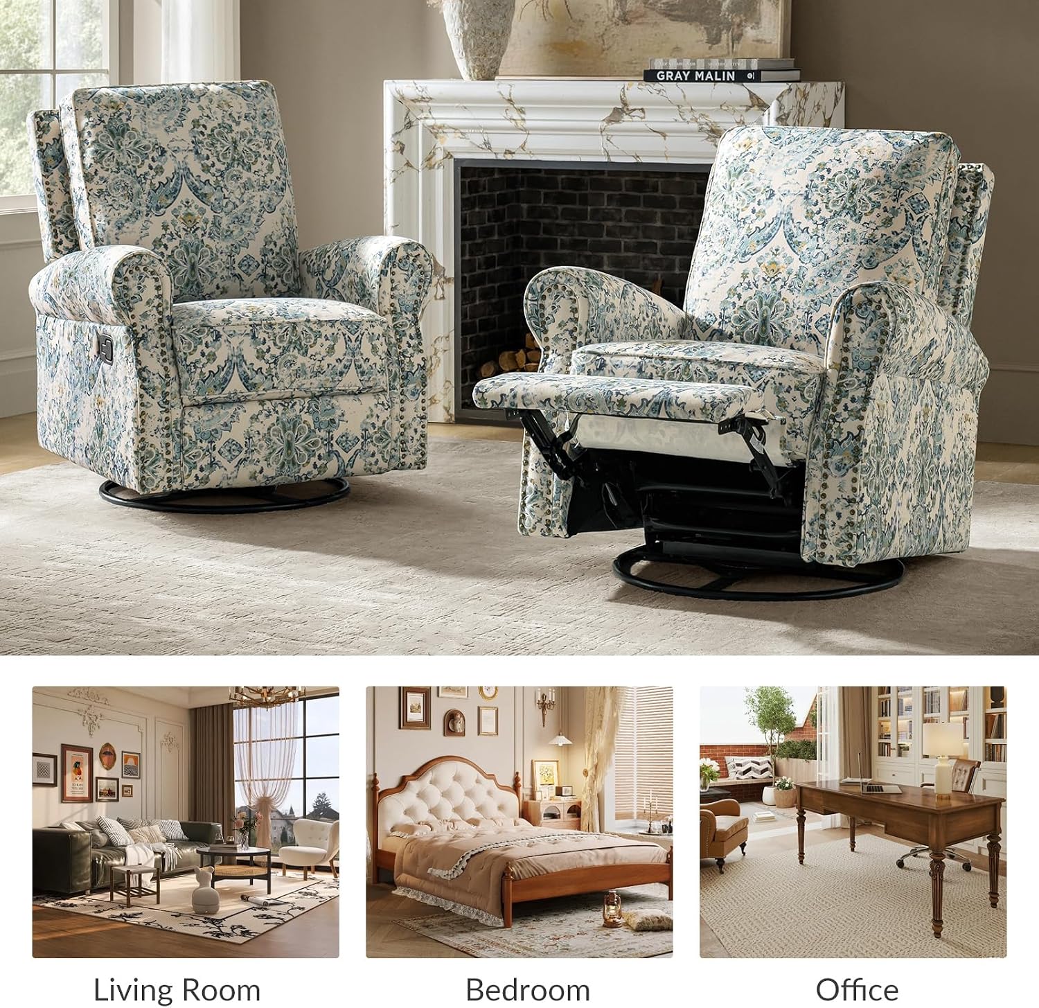 HULALA Home Rocker Recliner Set of 2, Modern Printed Fabric Swivel Glider with Adjustable Backrest & Footrest, Blue