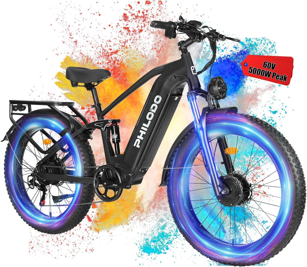 Falcon 60V 32AH Off-Road Electric Bike - 5000W Dual Motor Hunting Ebike, Fat Tire Full Suspension Dirt Bike for Adults, Long Range Snow/Sand Electric Bicycle