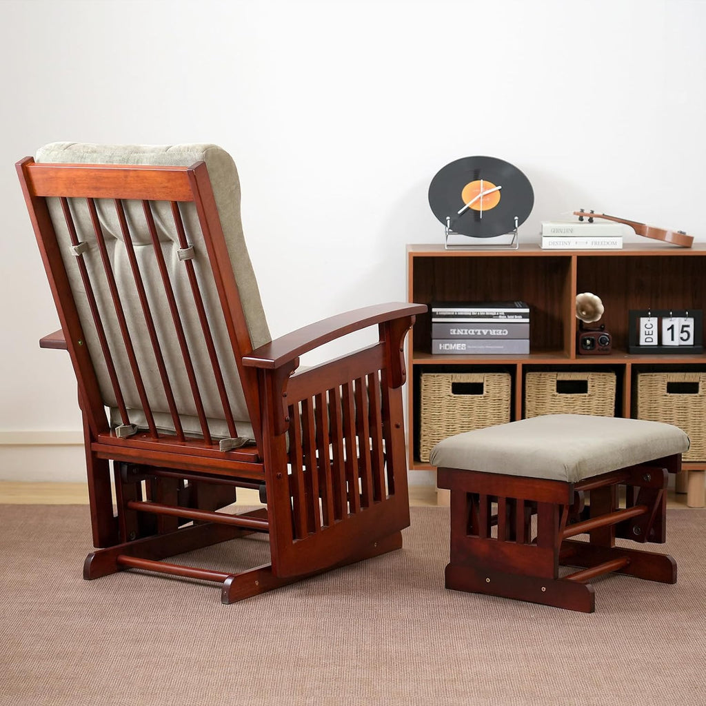 Solid Wood Glider Rocking Chair and Ottoman Set, Rustic Nursery Glider Rocker with Padded Cushion, Smooth Rocking Motion Indoor Living Room Nursing，Napping，Reading, Brown