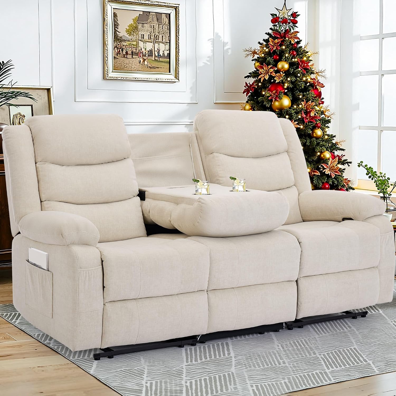 Korser Recliner Sofa, Reclining Loveseat with Console, Oversized Reclining Couch with Drop Down Table, 3-Seater Sofa with Cup Holder and Recessed Power Strip, Beige