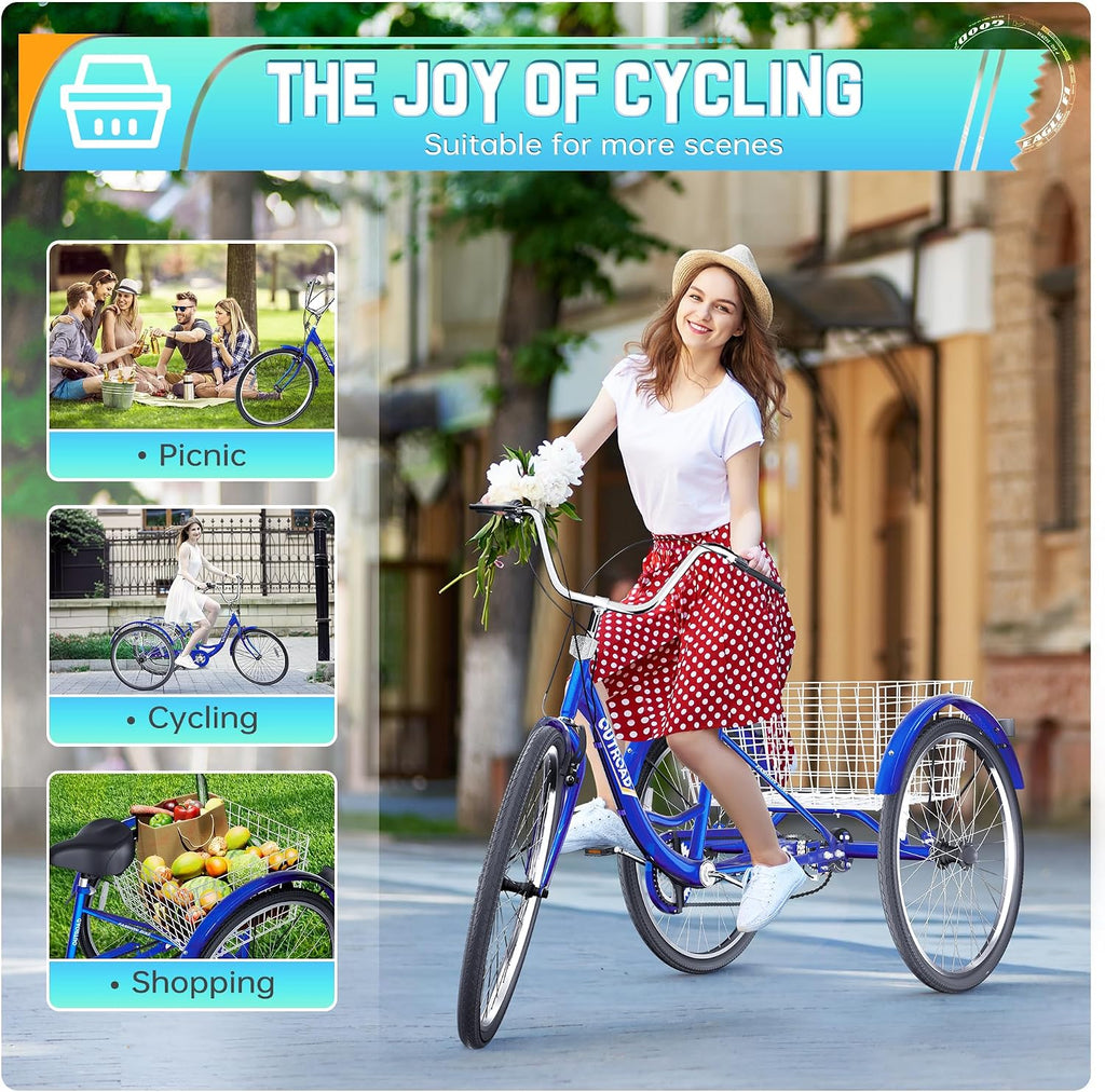 Single Speed Adult Tricycle, 3 Wheel Bikes with Large Basket, Cruiser Bike for Women/Men/Seniors, Adult Trike for Outdoor/Shopping/Recreation/Picnic(26Inch Blue)