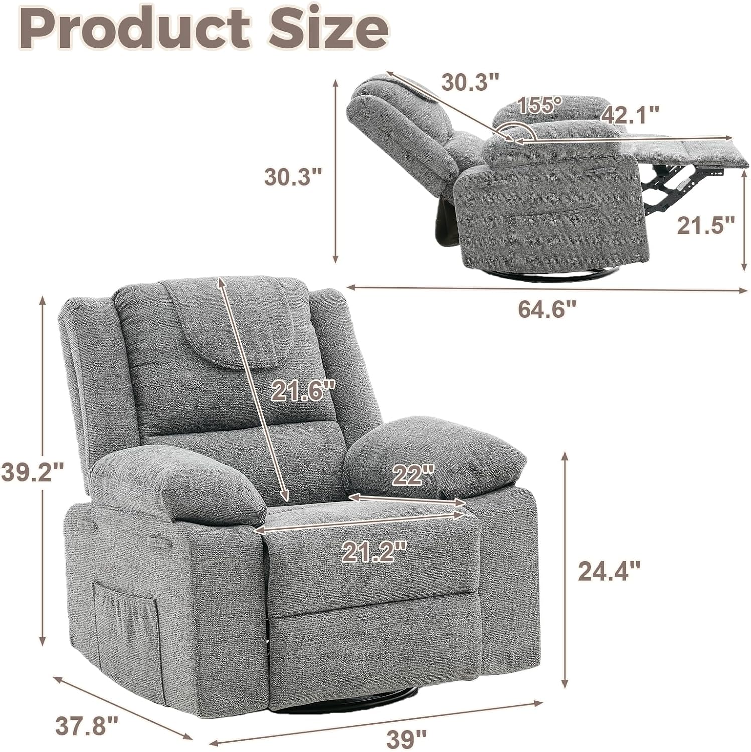 Adults Oversized Rocking Nursery Glider Recliner Chair,360° Swivel Rock Recliner Chairs Single Sofa with Vibration Massage and Heating for Living Room/Bedroom,Grey