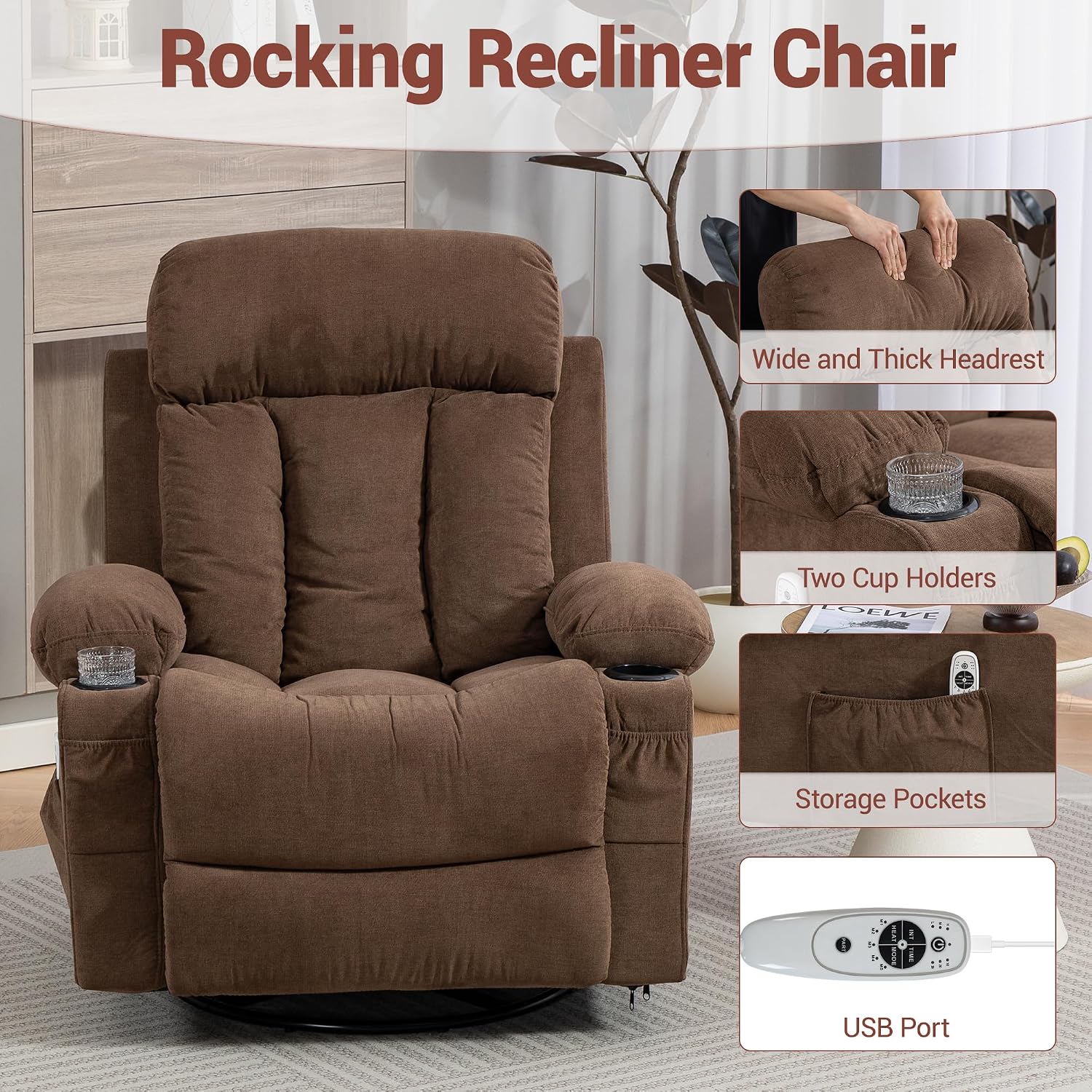 Swivel Recliner Chair for Adults w/Vibration Massage and Heating, 360° Rocker Glider Recliner w/Cup Holder and USB Charge Port for Living Room, Bedroom, Brown