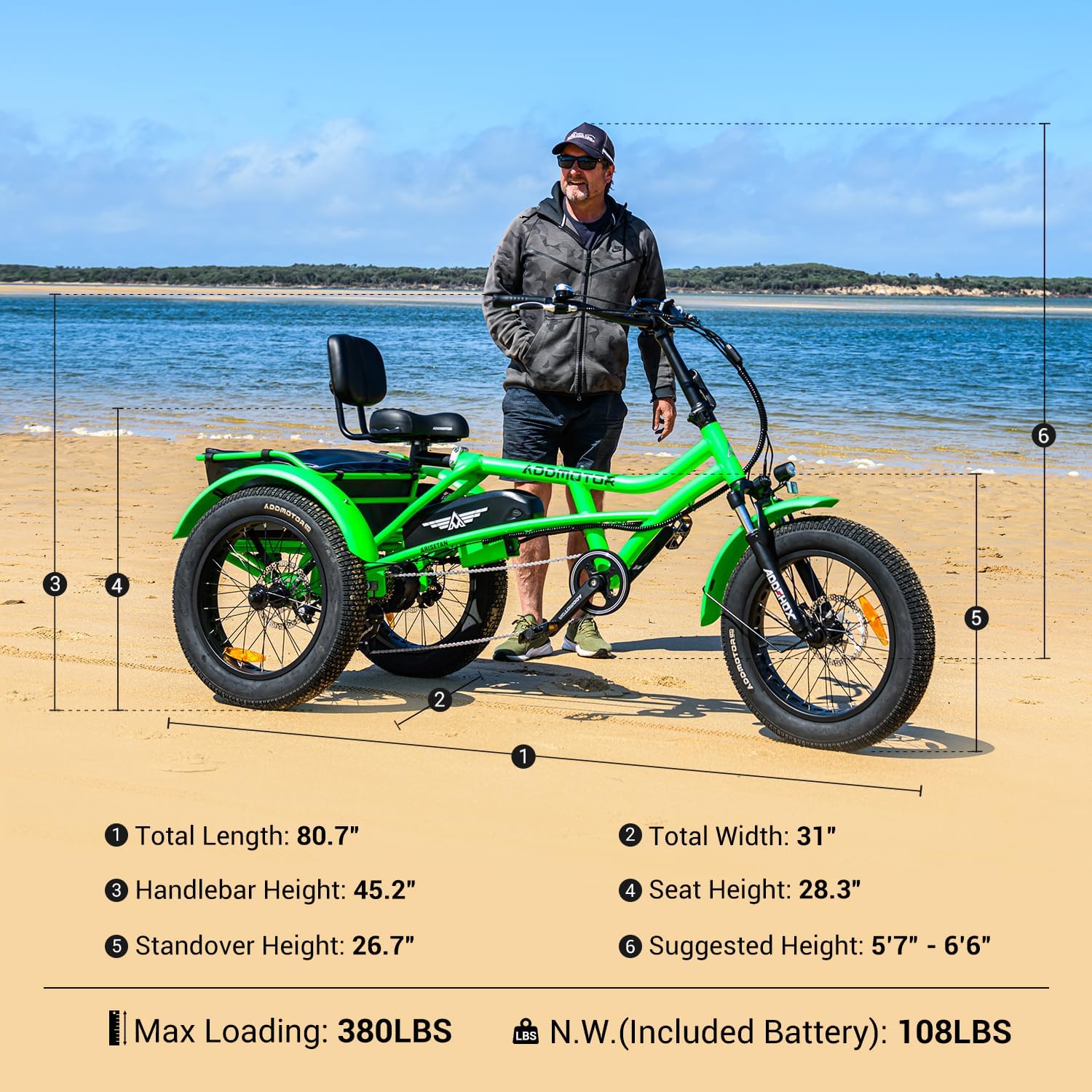 ADDMOTOR ARISETAN Electric Trike for Adults, 750W Rear Motor Electric Tricycle, 85MI 48V 20AH Semi-Recumbent E-Trike, UL2849 3 Wheel Electric Trike