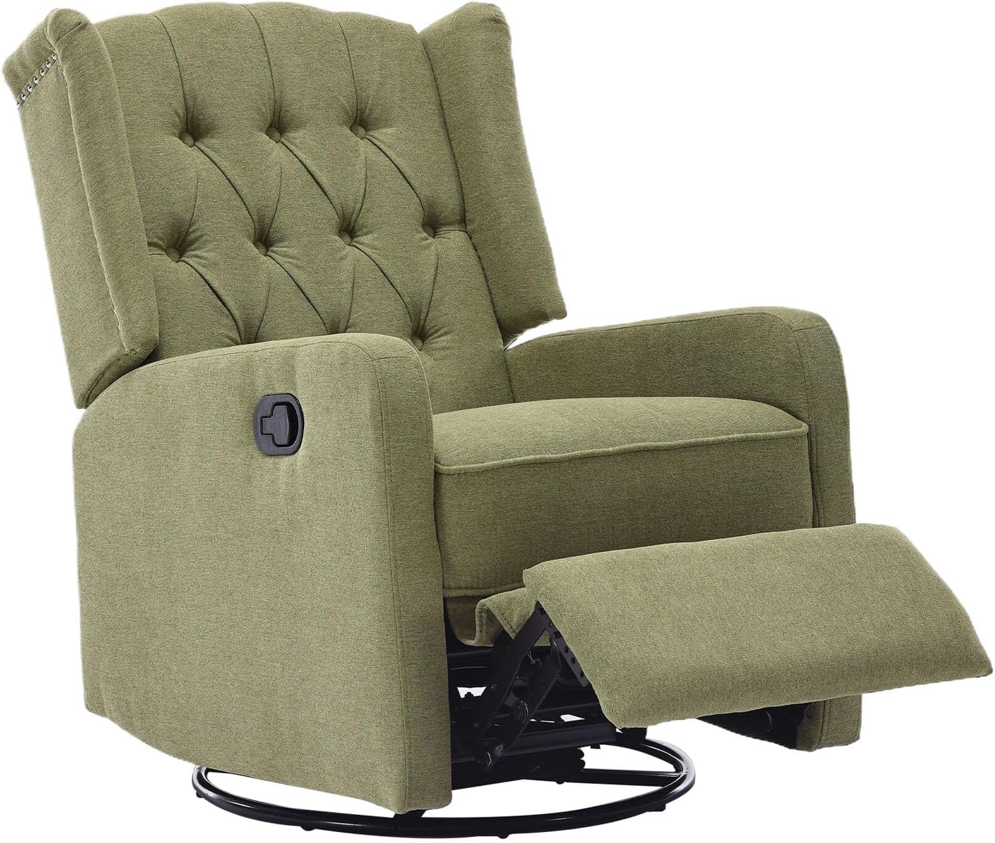HRVEOCEI Glider Recliner Nursery Chair, Cozy Linen Rocking Chair Nursery Recliner with Adjustable Button Backrest and Footrest, Swivel Recliner Chair for Living Room, Bedroom, Office (Olive Green)