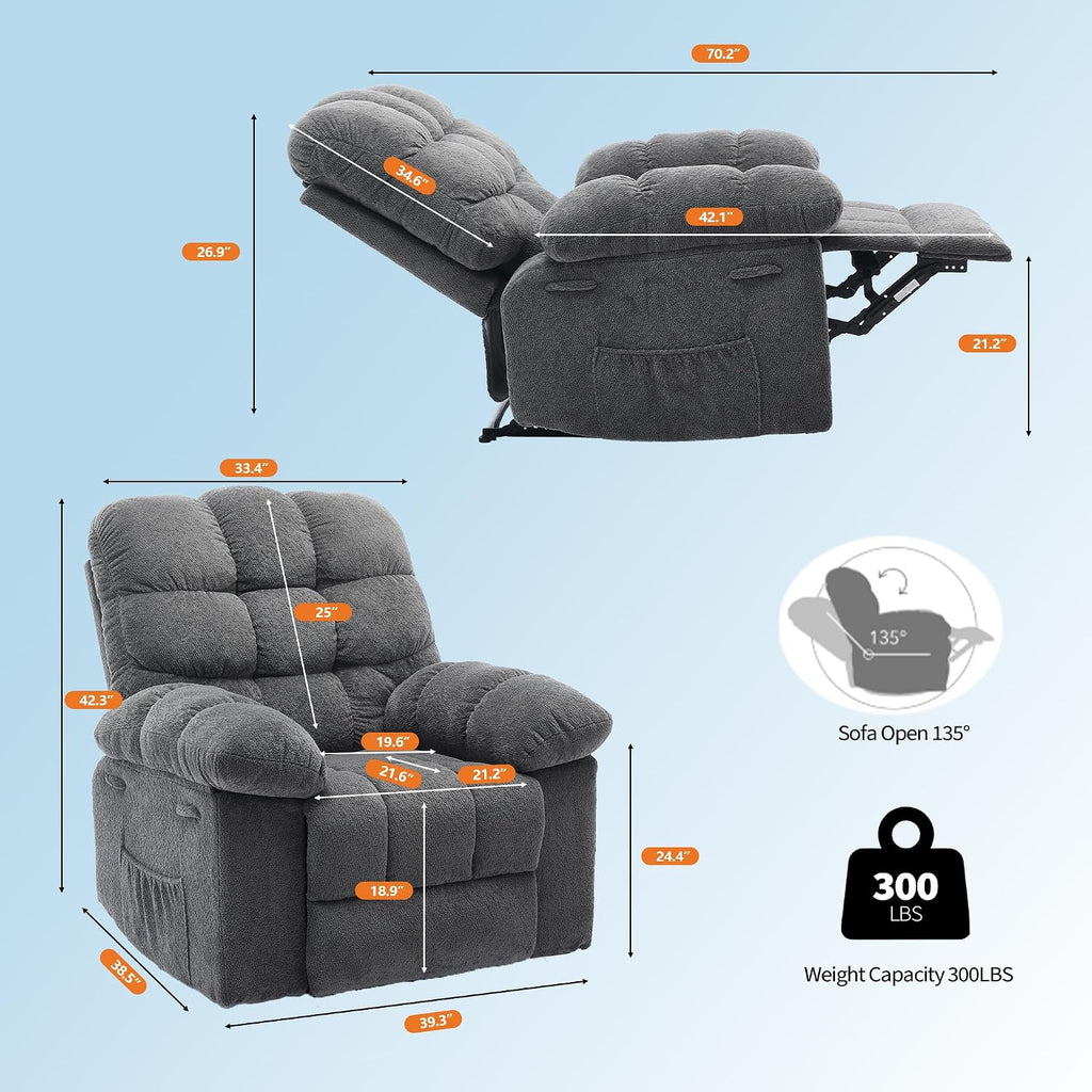 Oversized Rocker Recliner Chair for Adult, Ergonomic NurseryRock Recliner Chairs,Extra Wide Manual Recliners,Upholstery Overstuffed Soft Rocking Sofa Chair for Livingroom,Gray