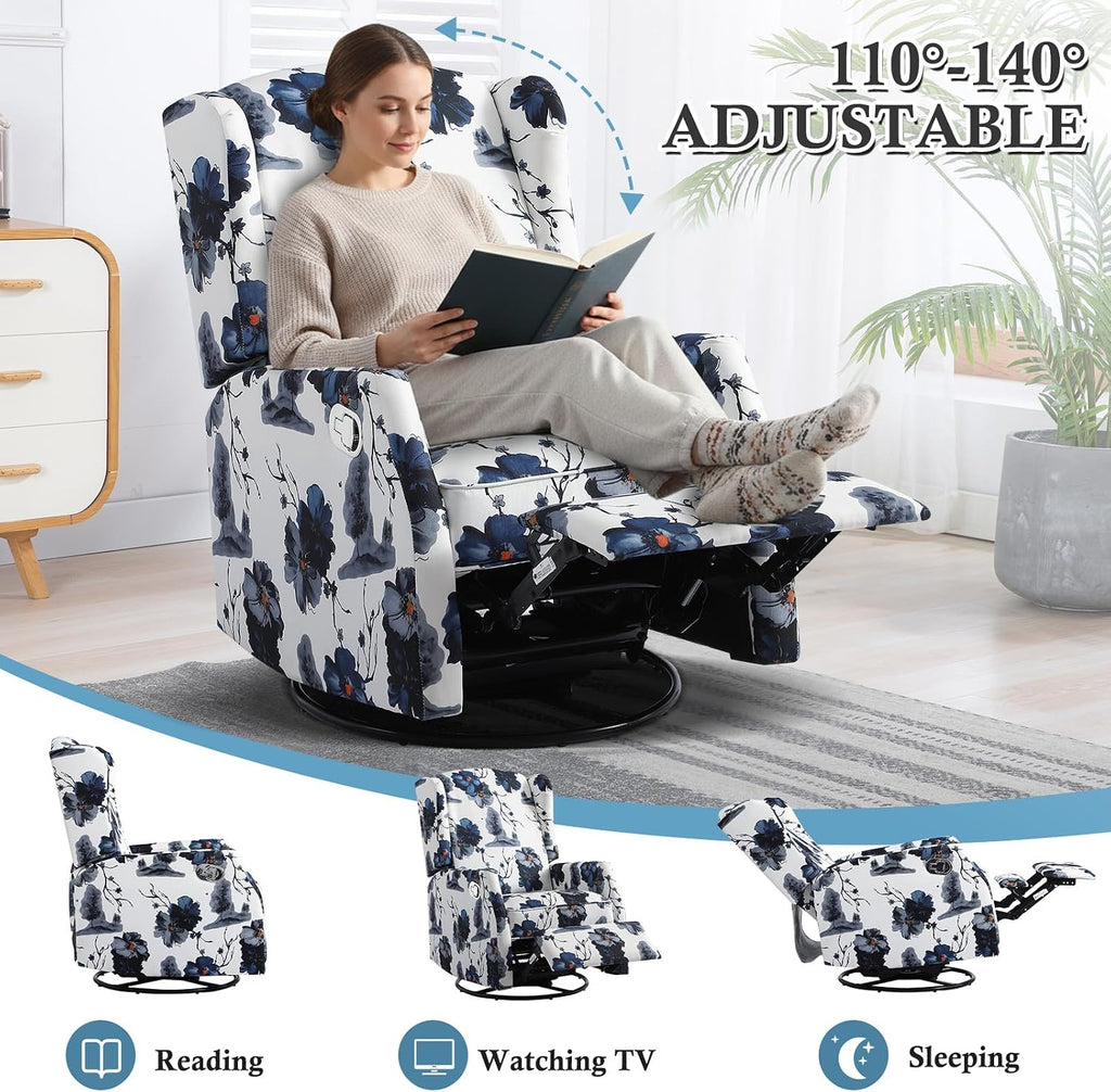 Swivel Rocker Recliner, Manual Rocker Recliner Chair for Adults, Glider Rocking Chair for Nursery with Padded Seat, 360° Swivel Rocking Chair Small Recliners for Small Spaces (1, Ink Blue)
