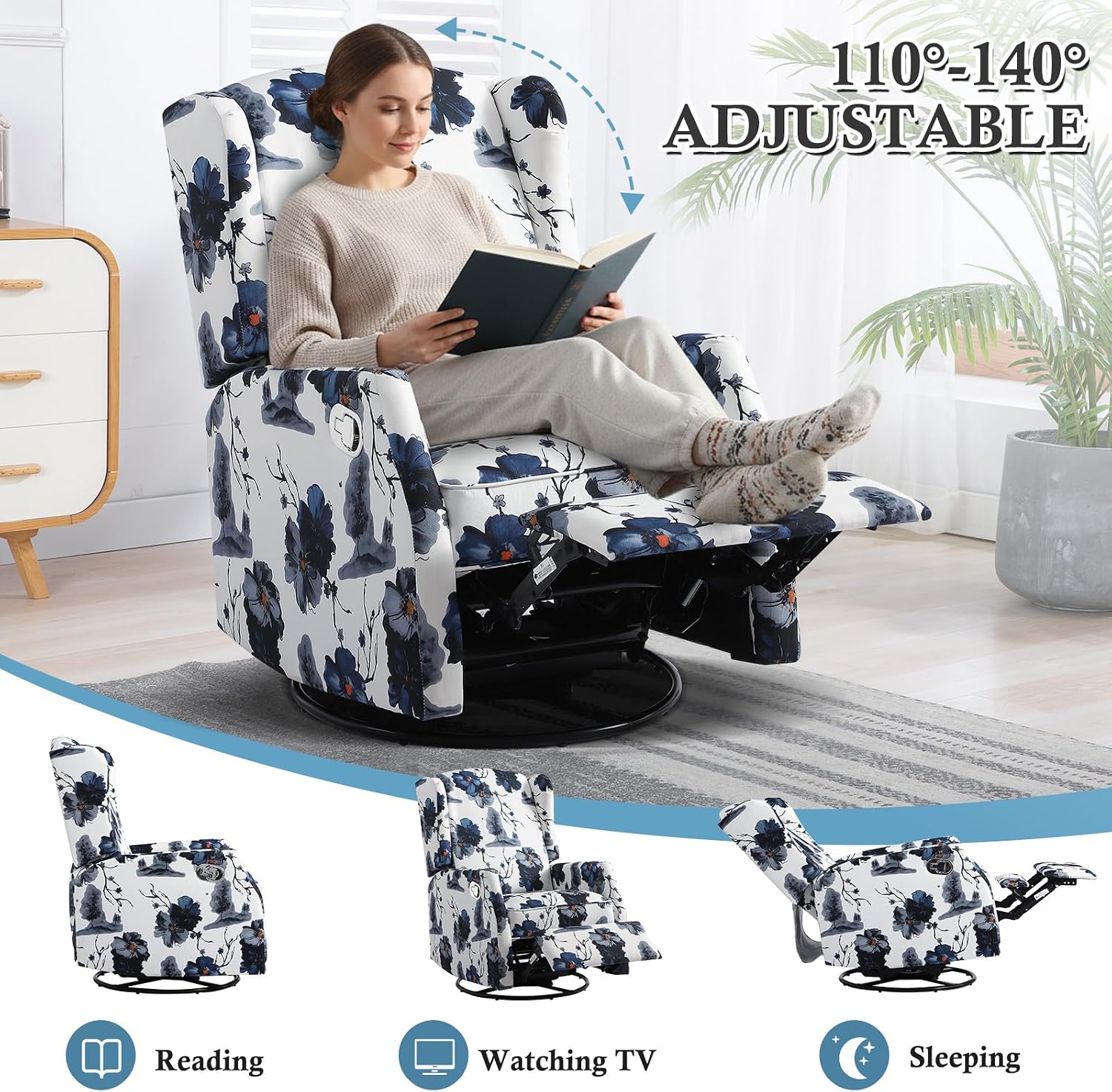 Swivel Rocker Recliner, Manual Rocker Recliner Chair for Adults, Glider Rocking Chair for Nursery with Padded Seat, 360° Swivel Rocking Chair Small Recliners for Small Spaces (2, Ink Blue)