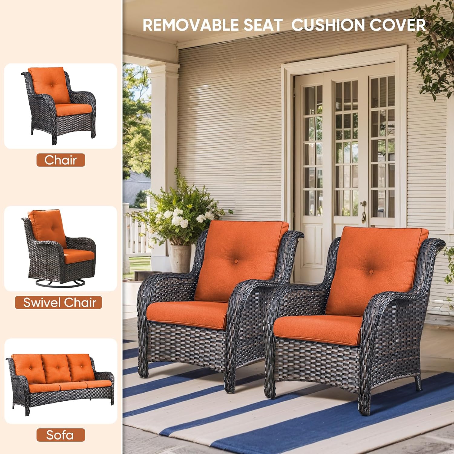 Outdoor Chair Cushions 3 Packs - Outside High Back Thick Water-Resistant Cushion 22x24 with Zipper Cover for Patio Glider Rocking Chairs Loveseat Couch – Orange/Buckle