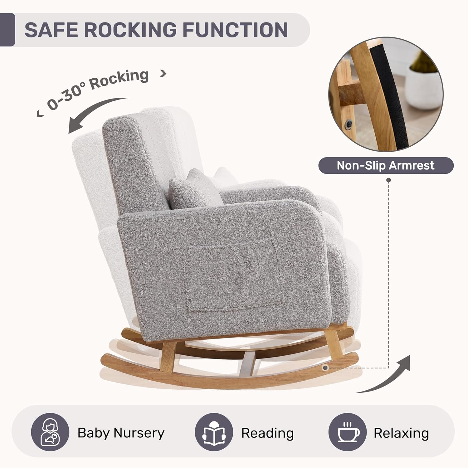 HCHAIRH Rocking Chair with Ottoman, Nursing Glider Rocker with High Backrest and Side Pocket, Comfy Reading Chair with Solid Wood Legs for Nursery/Living Room/Bedroom Light Grey