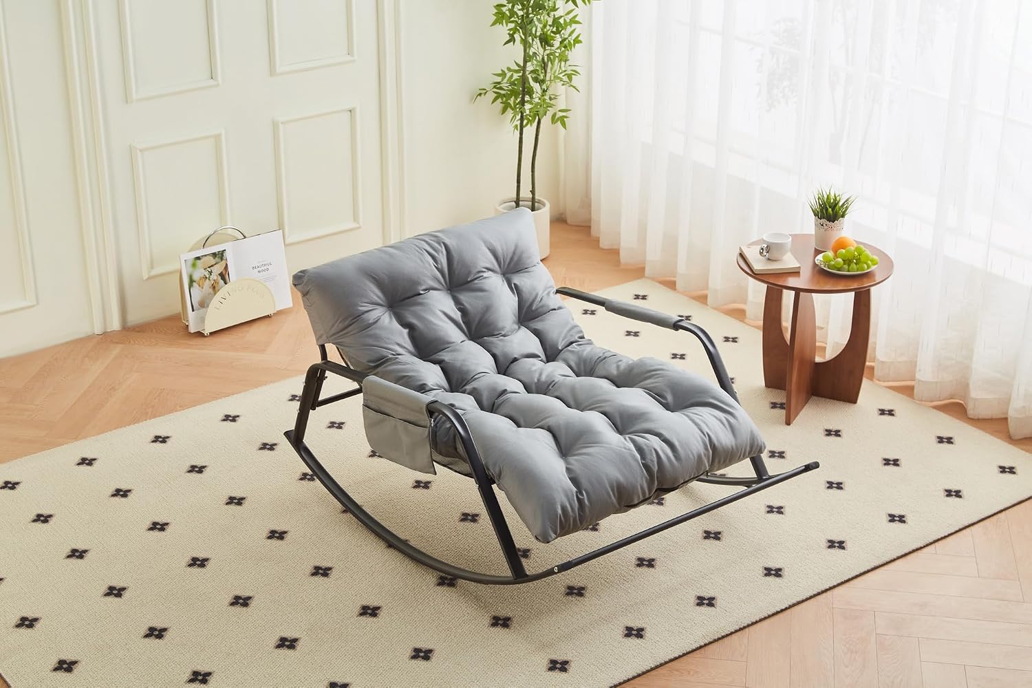 Oversized Papasan Rocking Chair, 35.8' Extra-Wide Sling Rocking Chair for Nursery & Patio, Waterproof Technical Leather Glider for Living Room Reading, Modern High Back Lounge Chair with Foot Rest