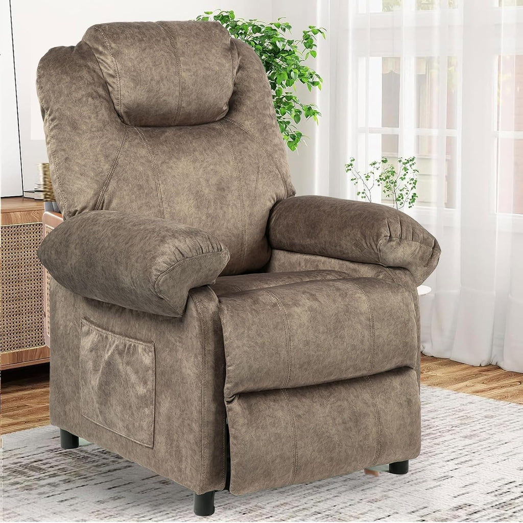 Pushback Massage Recliner Chair with Heat, Fabric Heated Small Massaging Reclining Chair Single Sofa for Adults, Overstuffed Push Back Manual Recliner for Living Room,Brown
