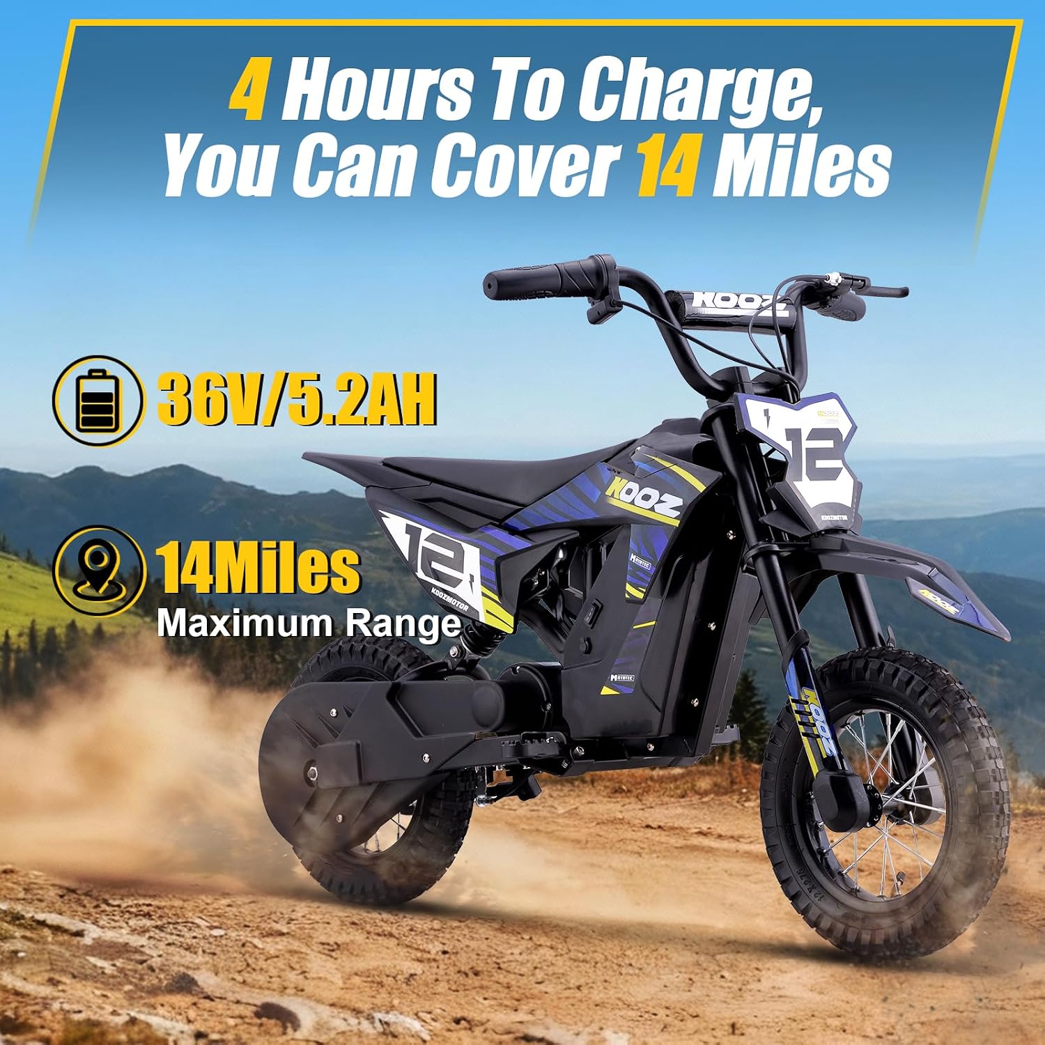 KOOZ 36V 300W Electric Dirt Bike for Kids - 3 Speed Modes Electric Motorcycle Up to 15.5 MPH & 14 Miles Long-Range, Shock Absorber & Rear Brake, 12' Sturdy Tire Gift for Kids