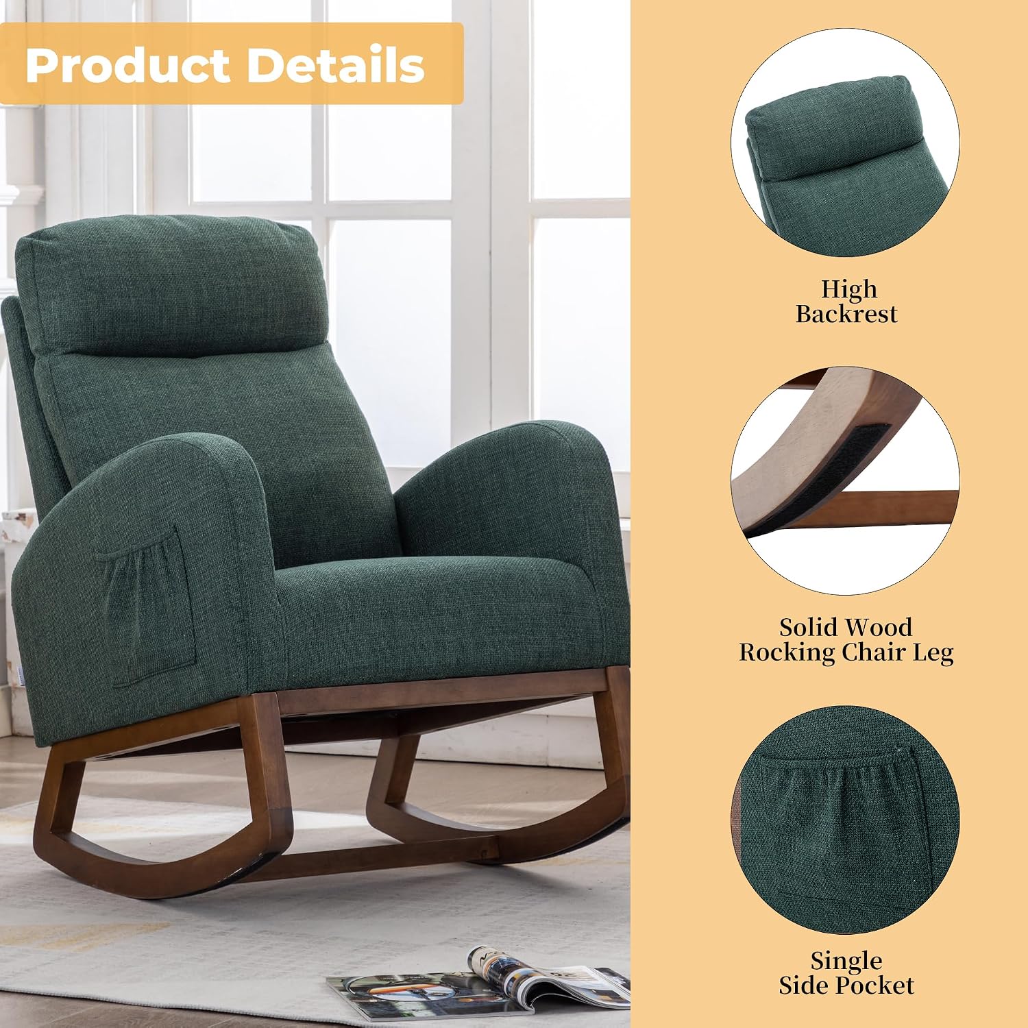 Modern Rocking Chair with Breathable Yellow Linen & Solid Wood Legs - Recliner Glider Armchair Featuring Side Pocket, High Back Support for Nursery, Living Room, Bedroom (Emerald)