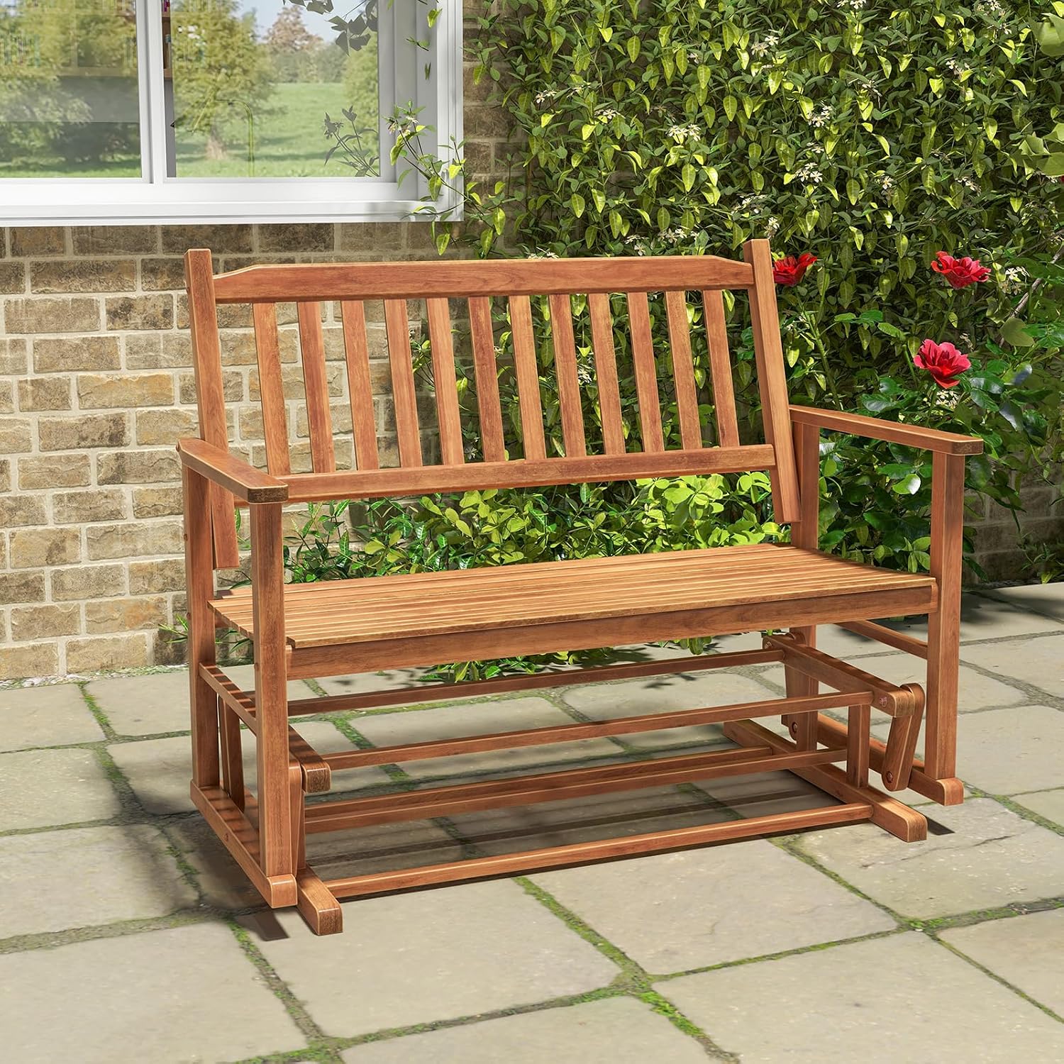 Giantex Outdoor Glider, Patio Glider Bench with Safe Gliding, Slatted Seat & Backrest, 2-Person Loveseat, Glider Rocking Chair, Outside Swing Chair for Garden Yard Lawn Porch Patio Rocker, Natural