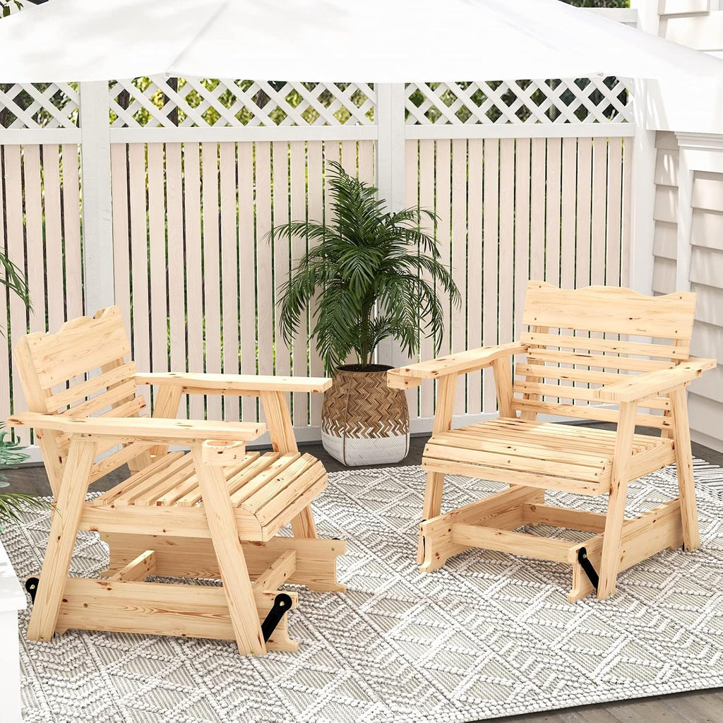 Giantex Outdoor Glider Rocking Chair - Set of 2 Wood Porch Rocker with High Back, Widened Armrests, Curved Seat, Rotatable Cup Holder, Patio Slat Rocking Chair for Yard, Balcony, Poolside, Natural