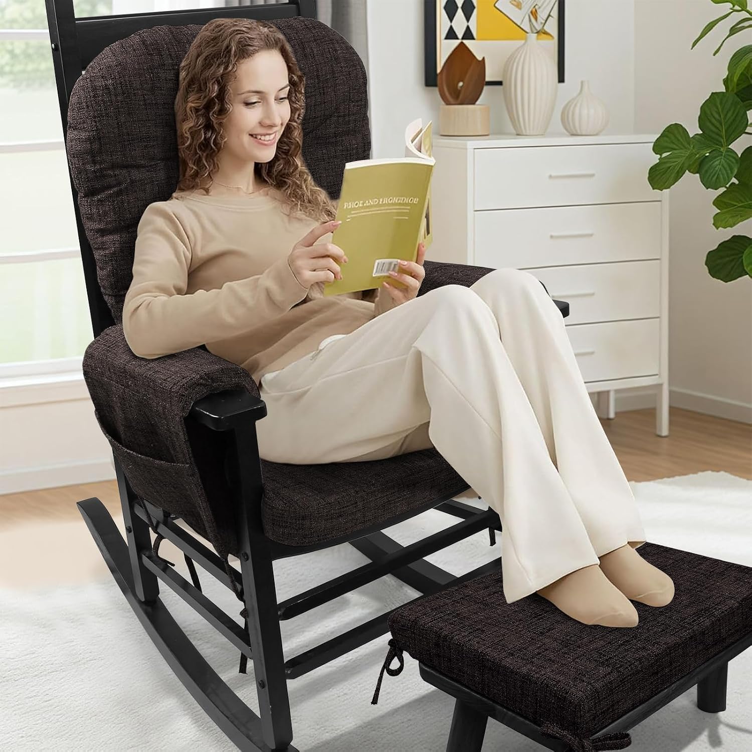 SINOSSO Glider Rocker Cushion Set (5 Pcs), Soft Blended Fabric High-Density Support Foam Seat Cushions with Ties, Fits Rocking Chair/Nursery Glider & Ottoman, Dark Brown