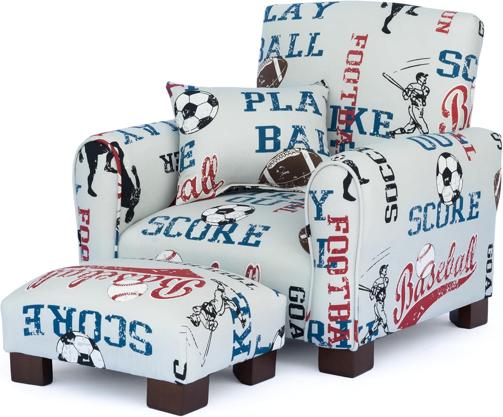 Toddler Personalized Armchair, Kids Upholstered Rocking Chair with Personalization, Toddler Chair with Personalized Name, Comfy Child Armchair (Legs, Sports Print)
