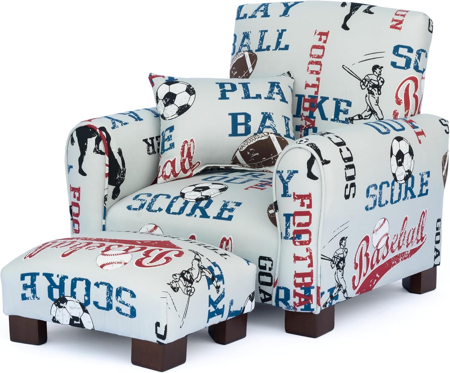 Toddler Personalized Armchair, Kids Upholstered Rocking Chair with Personalization, Toddler Chair with Personalized Name, Comfy Child Armchair (Legs, Sports Print)