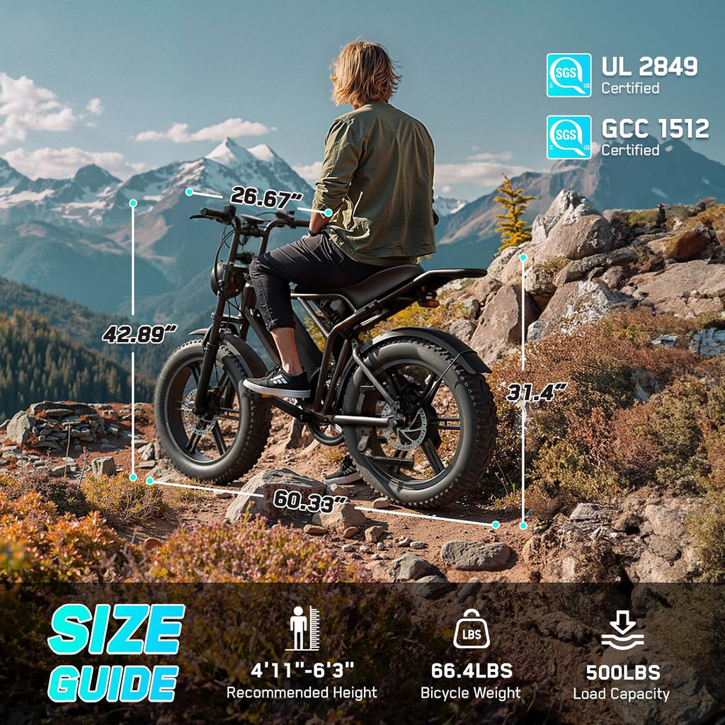 TST Electric Bike for Adults, 1500W Peak Motor 60/100 Miles Fat Tire Ebike with 48V 15Ah/25Ah Removable Battery 20' Electric Dirt Bike Full Suspension and 7-Speed