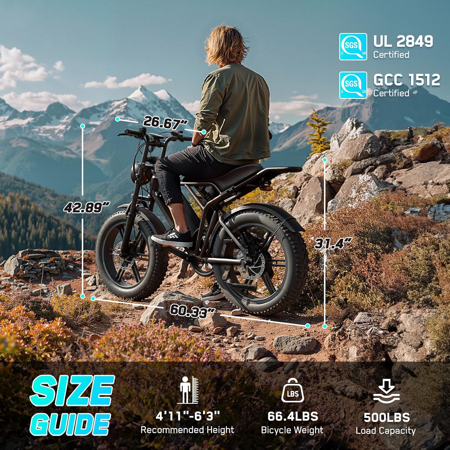 TST Electric Bike for Adults, 1500W Peak Motor 60/100 Miles Fat Tire Ebike with 48V 15Ah/25Ah Removable Battery 20' Electric Dirt Bike Full Suspension and 7-Speed