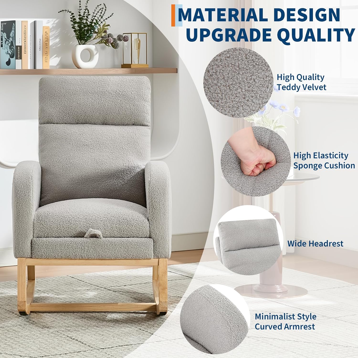 Modern Nursery Rocking Chair, Teddy Upholstered Rocking Chair with Footrest, Comfortable Rocker Recliner with Side Pocket, Rocker Glider for Living Room, Bedroom, Nursing Room