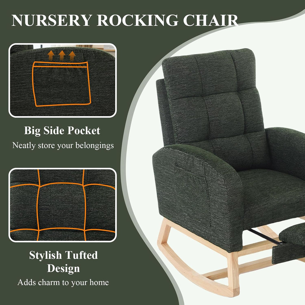 Nursery Rocking Chair, Polyester Upholstered Glider Chair with Footrest, Comfy Rocker Chair, Accent Chair with High Backrest, Glider Rocker, Armchair for Living Room (Dark Green Linen)