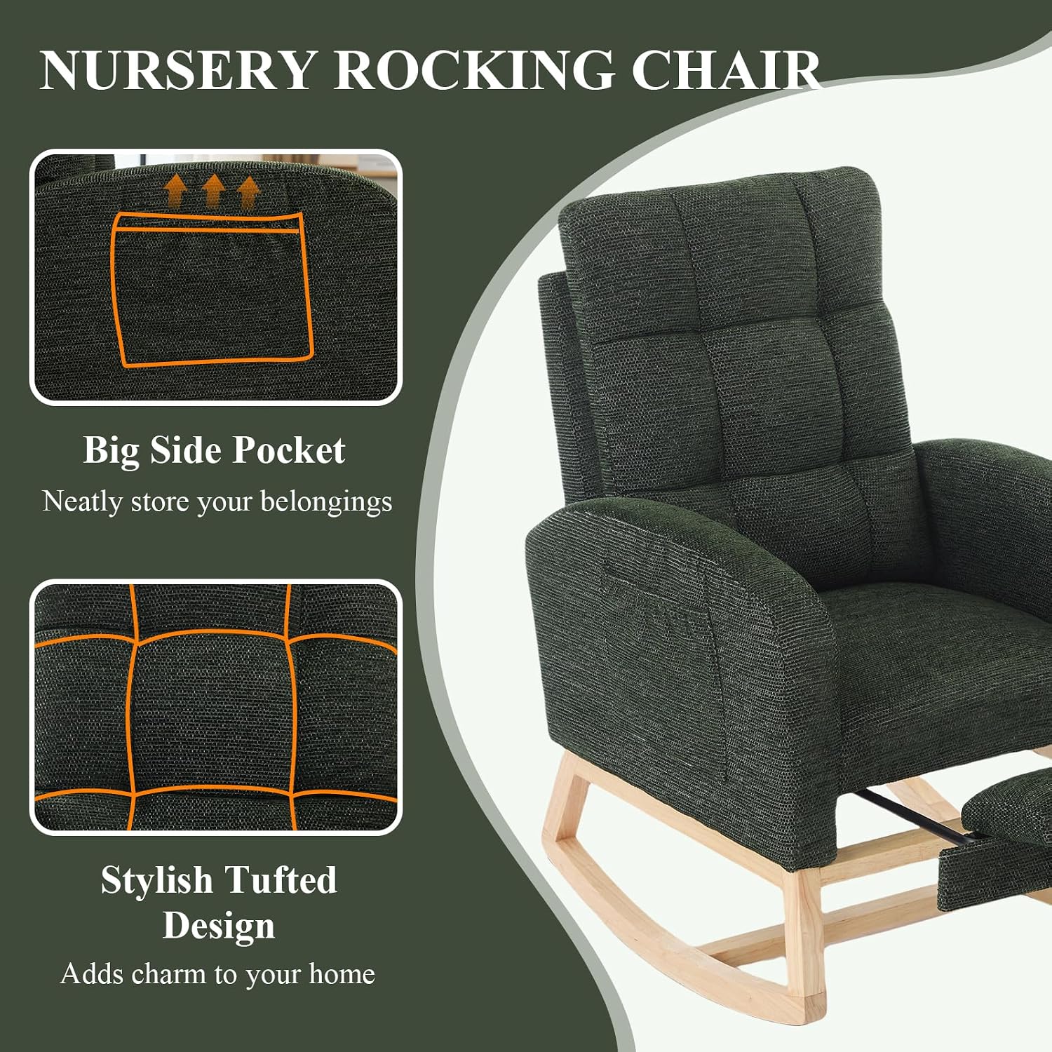 Nursery Rocking Chair, Polyester Upholstered Glider Chair with Footrest, Comfy Rocker Chair, Accent Chair with High Backrest, Glider Rocker, Armchair for Living Room (Dark Green Linen)