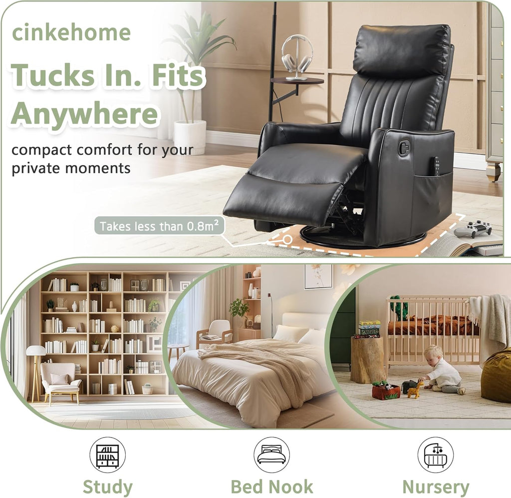 cinkehome Heated Massage Swivel Rocker Recliner Chair for Nursery - Small Space Reclining Chair with Lumbar Support, 360° Swivel & Gentle Rocking, Ergonomic High Back Faux Leather Black
