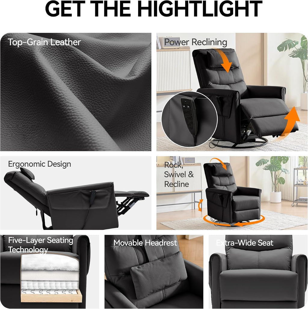 AIRSKY Genuine Leather Power Rocker Recliner Chair, Italian Water-Washing Process, Rocking Chair Nursery,Swivel Rocker Recliner Nursery Glider, Small Recliners for Small Spaces, Black, P1