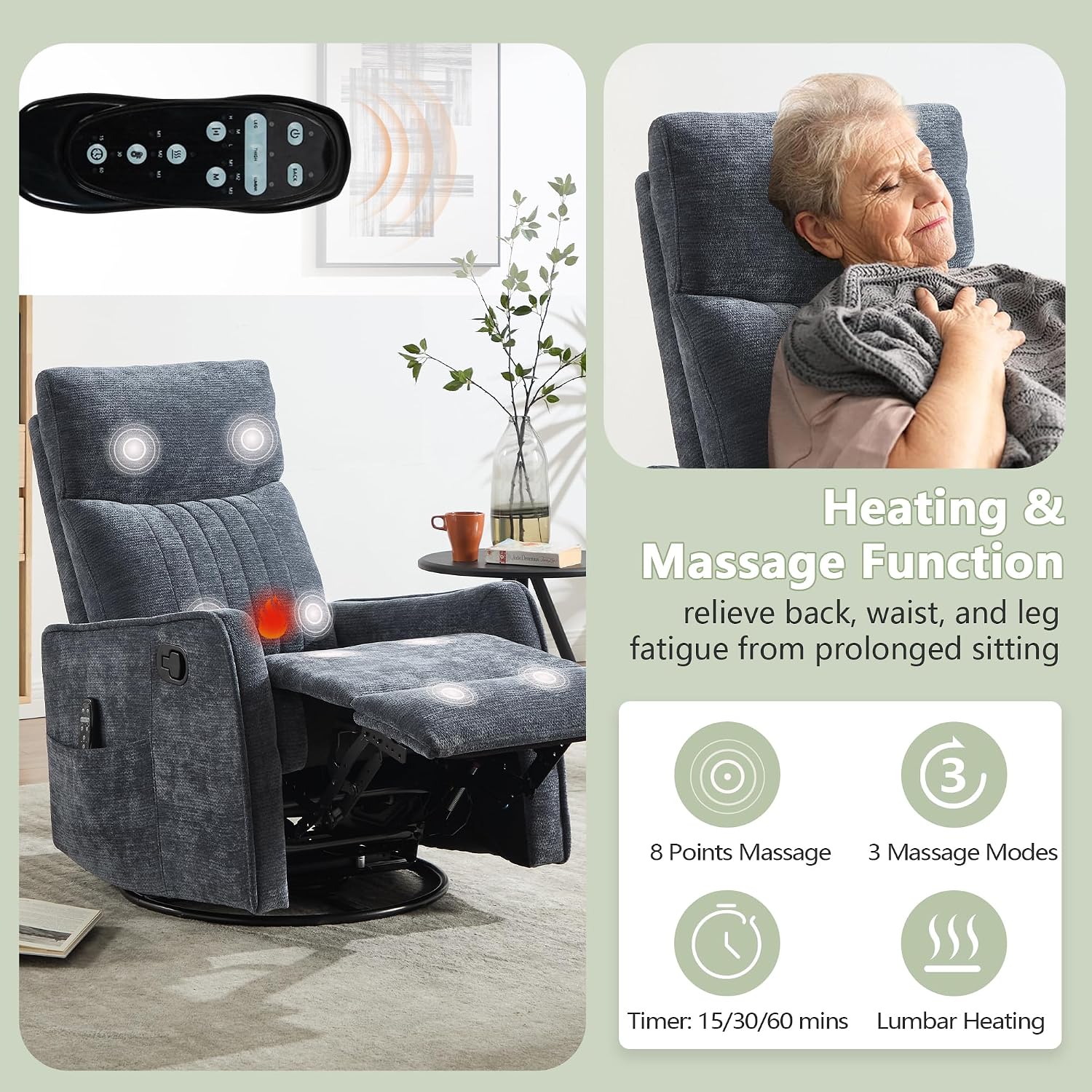 cinkehome Heated Massage Swivel Rocker Recliner Chair for Nursery - Small Space Reclining Chair with Lumbar Support, 360° Swivel & Gentle Rocking, Ergonomic High Back Chenille Fabric Blue