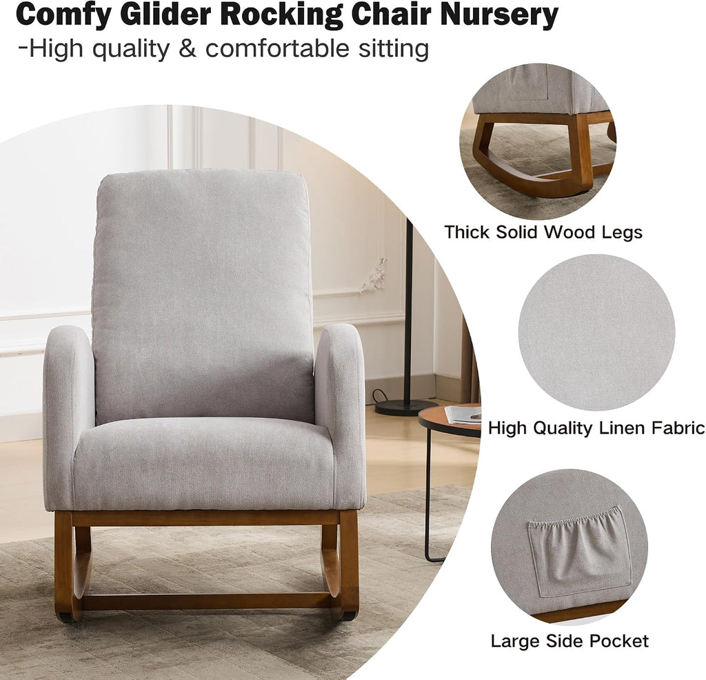 Chifee & Vingol Rocking Chair Nursery Nursing Glider Rocker Chair, Linen Fabric, Light Grey
